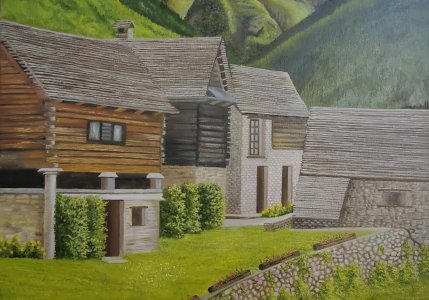 Canvas Print of Switzerland Alpine Village Oil Painting