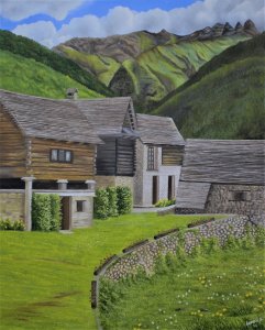 Canvas Print of Switzerland Alpine Village Oil Painting