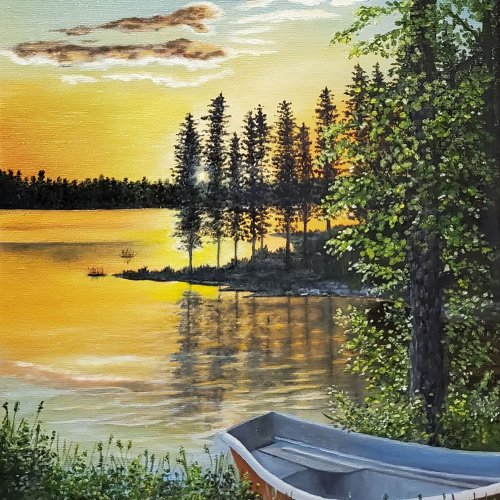 Landscape Sunset by the Lake - Original Oil Painting on Canvas ...